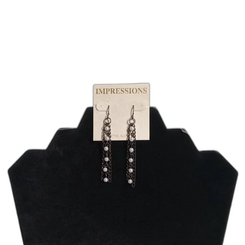 Impressions Gunmetal Gray and Silver Beaded Triple Chain Dangle Drop Earrings